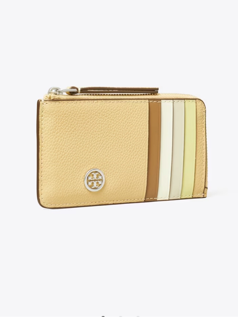 Tory Burch Yellow Pebbled Zip Card Case with Multi-Stripe Detail
